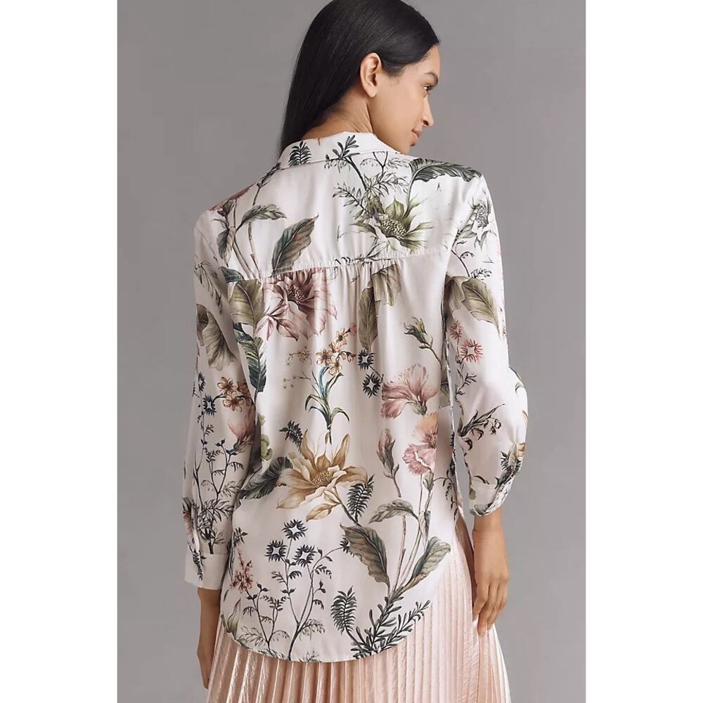 By Anthropologie Relaxed Long-Sleeve Floral Shirt Blouse Pearl Botanical L - Picture 3 of 10